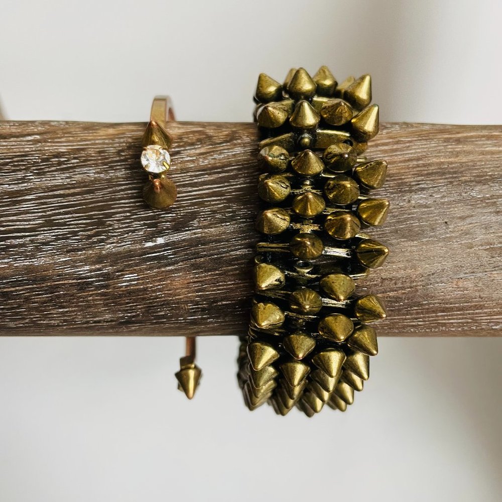 Antiqued Brass Metal Spiky Stretch/Cuff Bracelet Bundle of 2